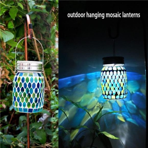Mosaic Solar Lanterns Outdoor Hanging Lights,Solar Table Lamps & Cool Blue Color - Picture 4 of 6